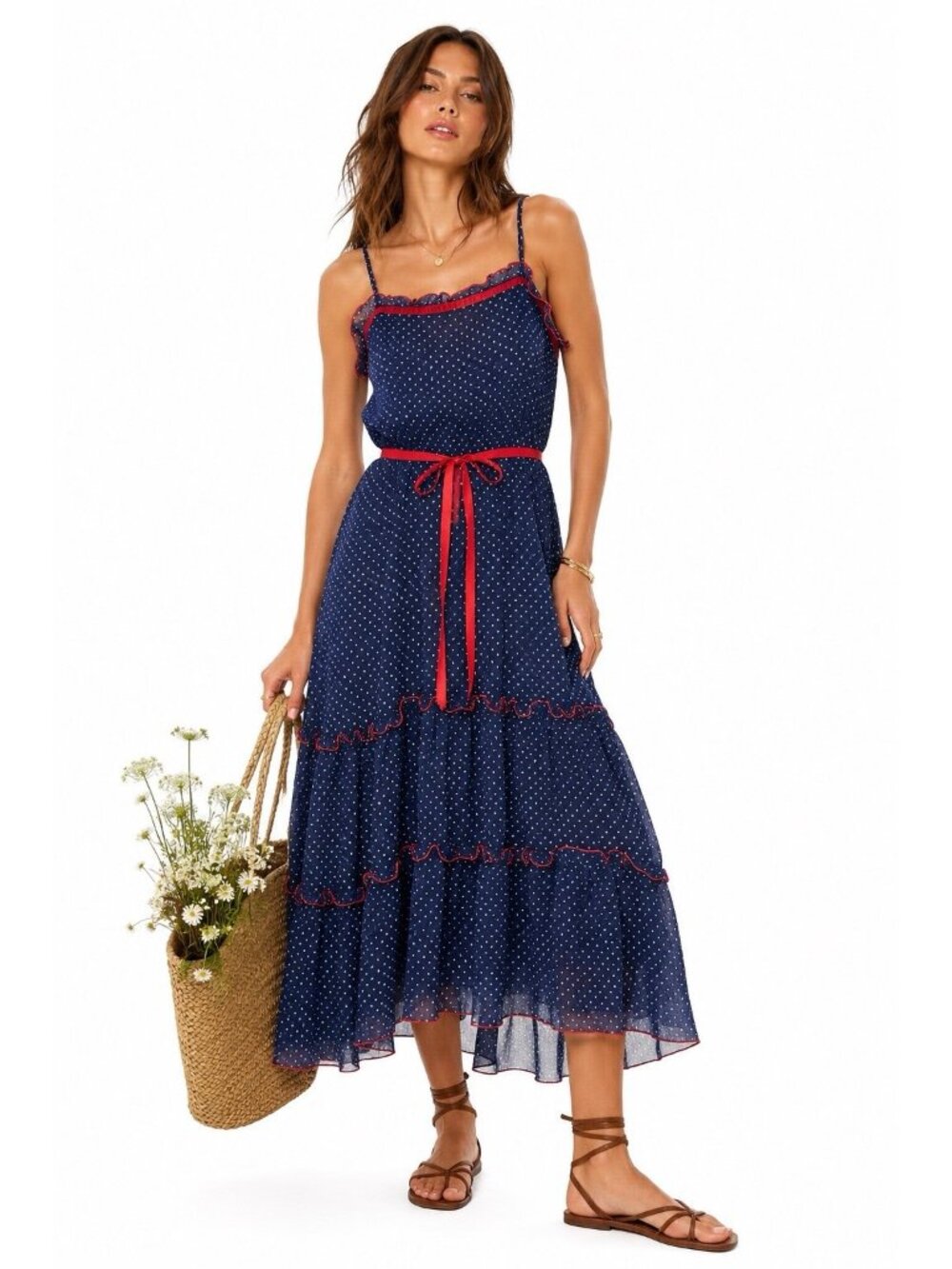vintage 70s POLKA DOT MIDI DRESS sundress blue XXS americana usa tradwife ruffle